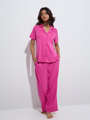 Wunderlove Fuchsia Self-Striped Shirt and Pyjamas Set