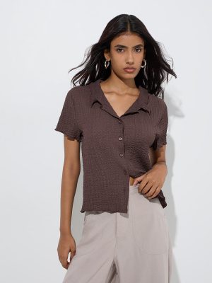 LOV Dark Brown Self-Textured Shirt