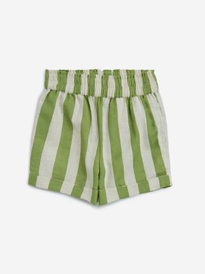 Utsa Kids Green Stripe Printed Cotton-Blend Shorts - (2-8yrs)