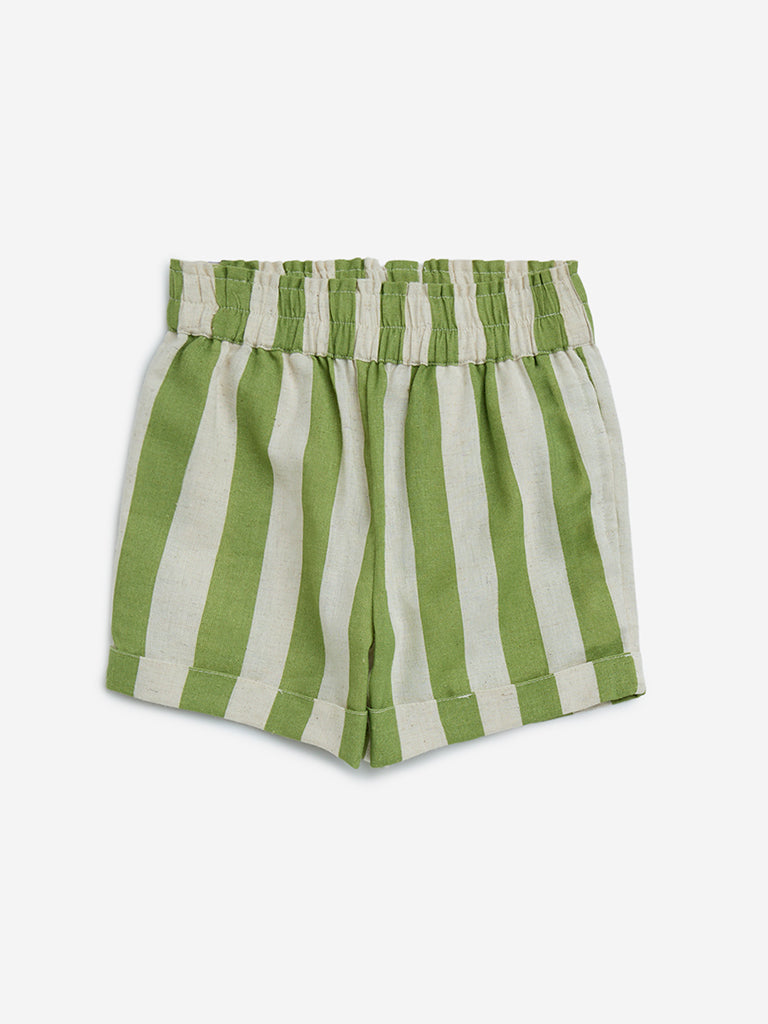Utsa Kids Green Stripe Printed Cotton-Blend Shorts - (2-8yrs)