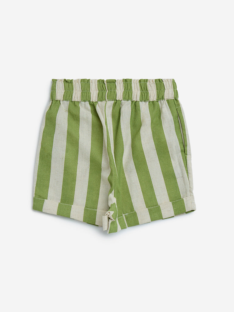 Utsa Kids Green Stripe Printed Cotton-Blend Shorts - (2-8yrs) - Image 2