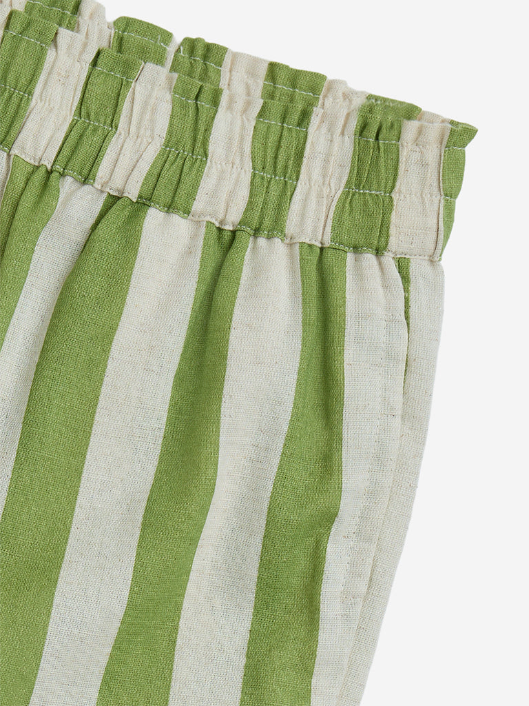 Utsa Kids Green Stripe Printed Cotton-Blend Shorts - (2-8yrs) - Image 3