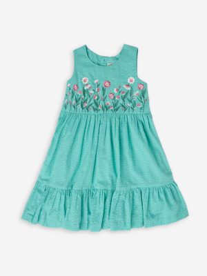 Utsa Kids Aqua Floral Cotton-Blend Tiered Dress - (2-8yrs)