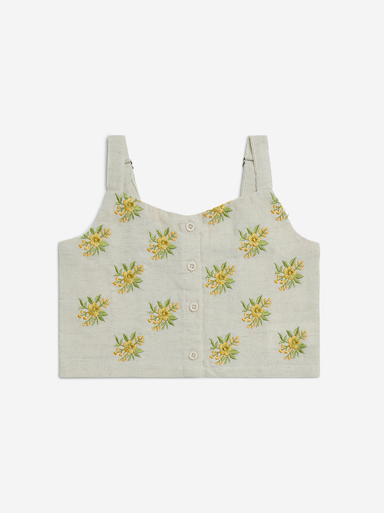 Utsa Kids Off-White Floral Embroidered Cotton-Blend Ethnic Top - (2-8yrs)