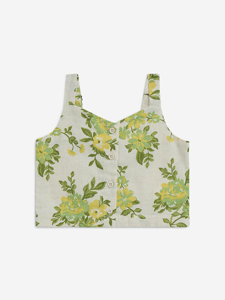 Utsa Kids Off-White Botanical Print Cotton-Blend Ethnic Top - (2-8yrs)