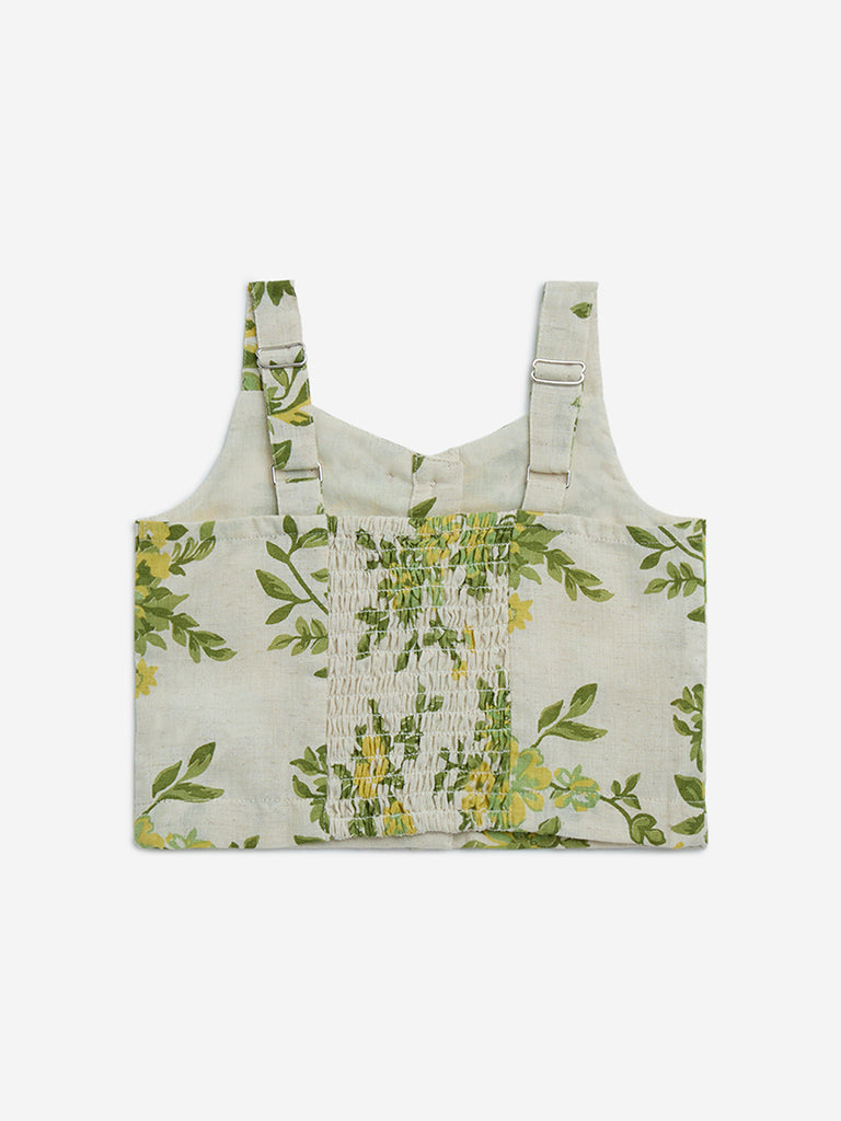 Utsa Kids Off-White Botanical Print Cotton-Blend Ethnic Top - (2-8yrs) - Image 2