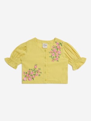 Utsa Kids Yellow Floral Embroidered Cotton-Blend Ethnic Top - (2-8yrs)