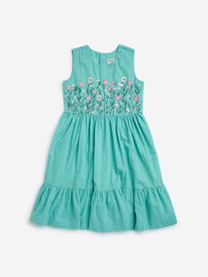 Utsa Kids Aqua Floral Cotton-Blend Tiered Dress - (8-14yrs)