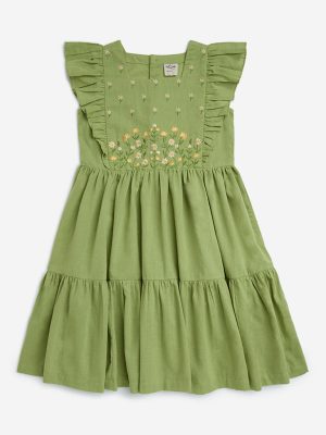 Utsa Kids Green Floral Embroidered Tiered Cotton-Blend Dress - (8-14yrs)