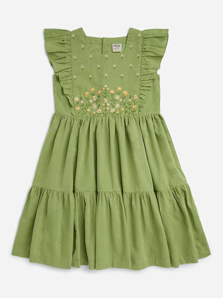 Utsa Kids Green Floral Embroidered Tiered Cotton-Blend Dress - (8-14yrs)