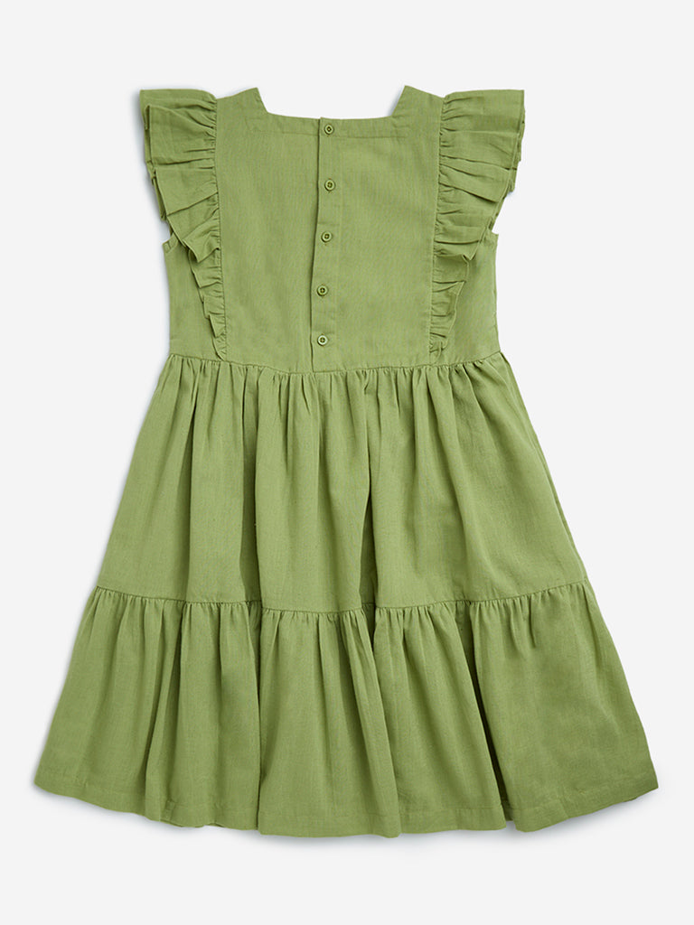 Utsa Kids Green Floral Embroidered Tiered Cotton-Blend Dress - (8-14yrs) - Image 2
