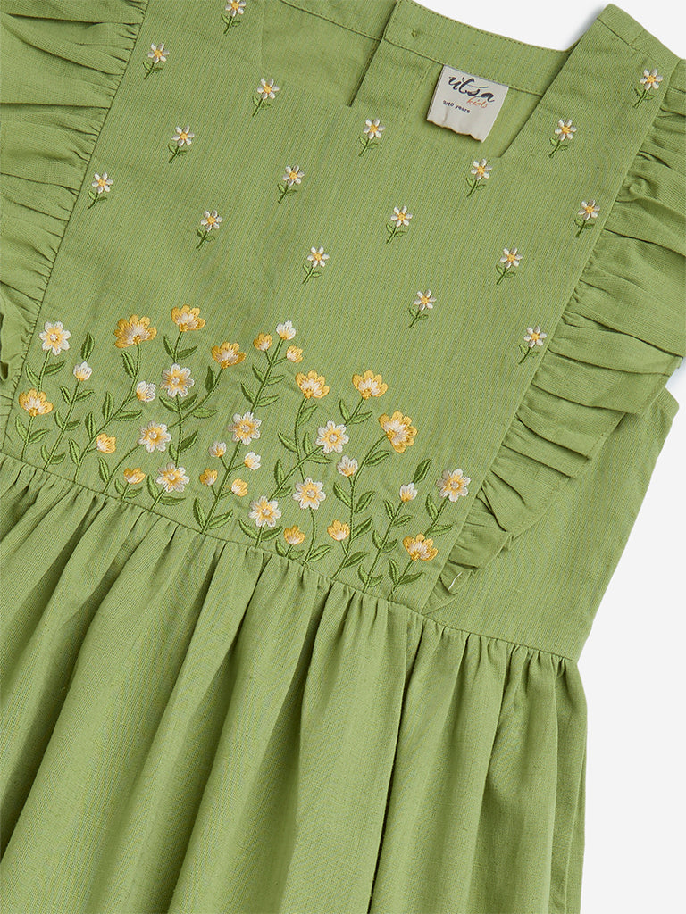 Utsa Kids Green Floral Embroidered Tiered Cotton-Blend Dress - (8-14yrs) - Image 3