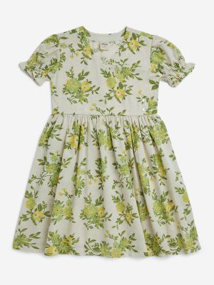 Utsa Kids Off-White Floral Flared Fit Cotton-Blend Dress - (8-14yrs)