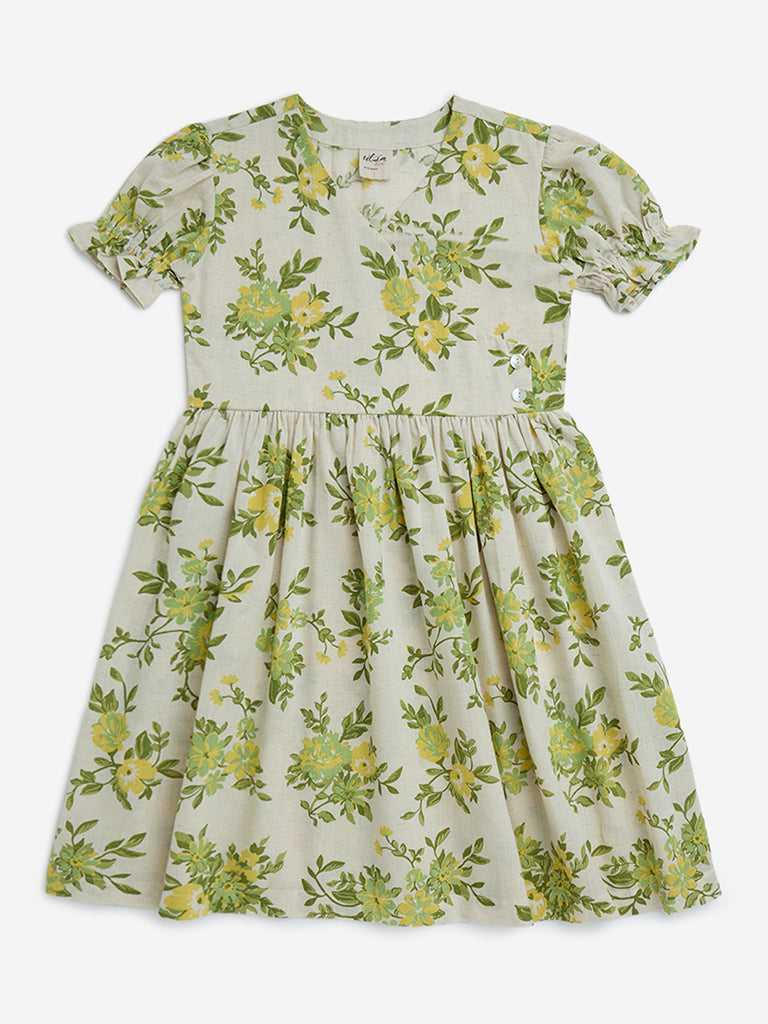 Utsa Kids Off-White Floral Flared Fit Cotton-Blend Dress - (8-14yrs)