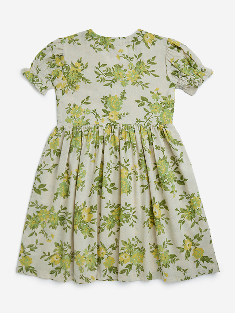 Utsa Kids Off-White Floral Flared Fit Cotton-Blend Dress - (8-14yrs) - Image 2