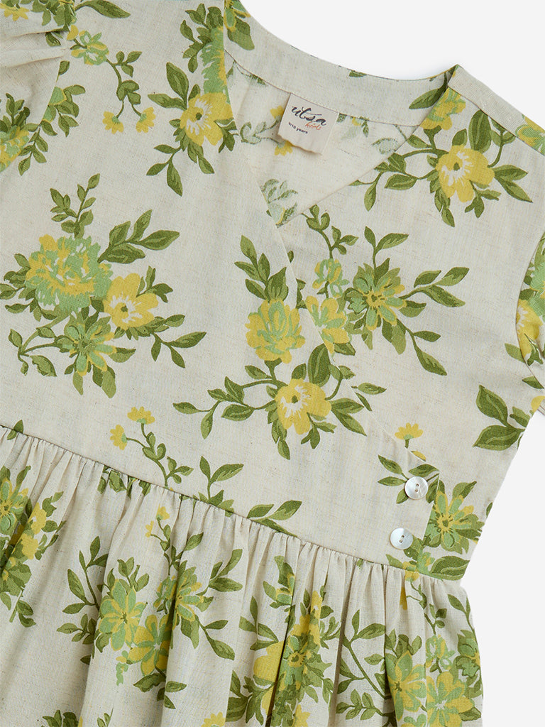 Utsa Kids Off-White Floral Flared Fit Cotton-Blend Dress - (8-14yrs) - Image 3