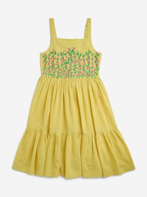 Utsa Kids Yellow Floral Embroidered Cotton-Blend Tiered Dress - (8-14yrs)