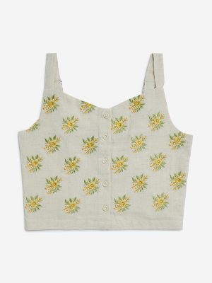 Utsa Kids Off-White Floral Embroidered Cotton-Blend Ethnic Top - (8-14yrs)