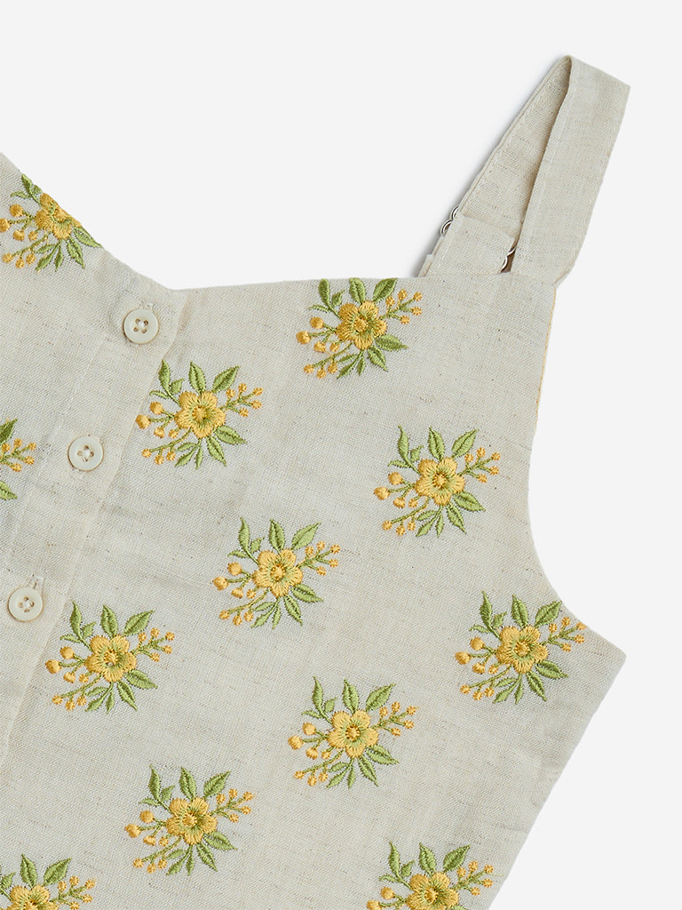 Utsa Kids Off-White Floral Embroidered Cotton-Blend Ethnic Top - (8-14yrs) - Image 3