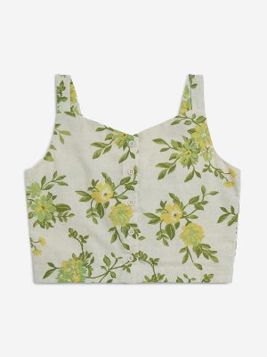 Utsa Kids Off-White Botanical Print Cotton-Blend Ethnic Top - (8-14yrs)