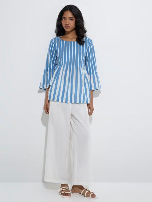 Utsa Blue Stripe Patterned Cotton Ethnic Top