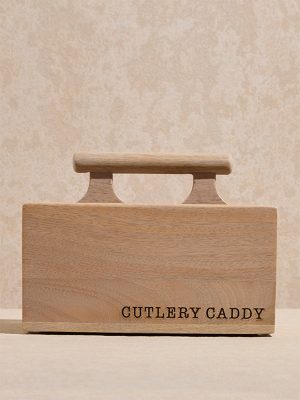 Westside Home Beige Text Pattern Wooden Cutlery Caddy