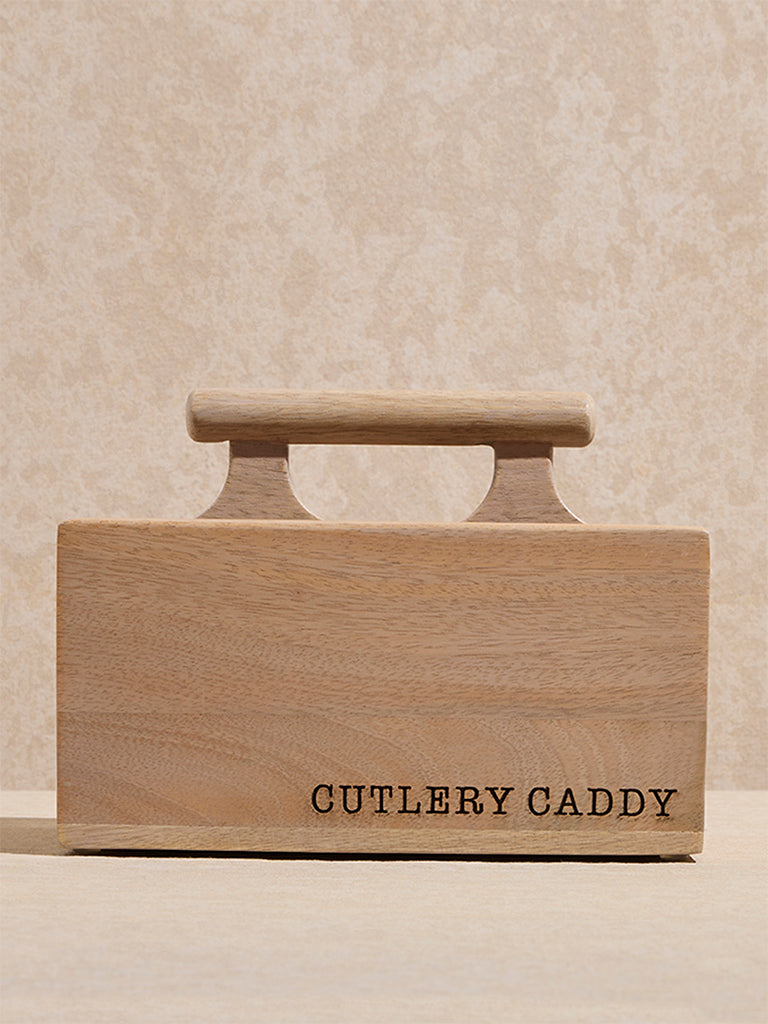 Westside Home Beige Text Pattern Wooden Cutlery Caddy