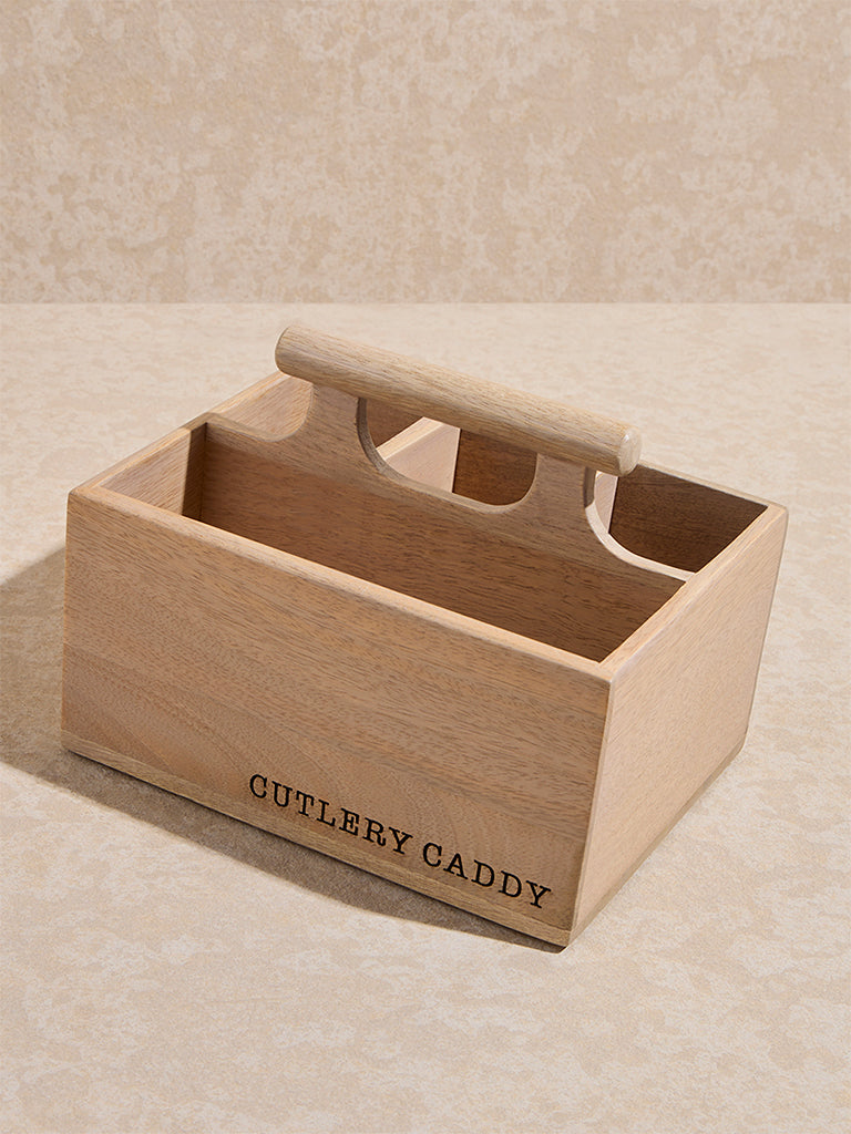 Westside Home Beige Text Pattern Wooden Cutlery Caddy - Image 2