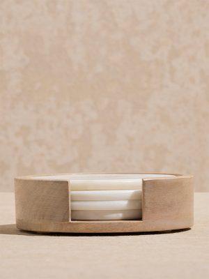 Westside Home White Marble Coaster with Holder (Set of 4)