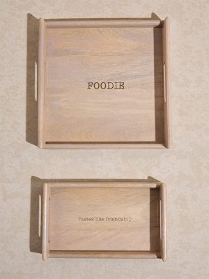 Westside Home Beige Typographic Wooden Tray (Set of 2)