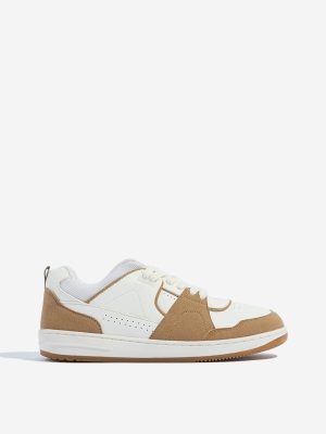 Yellow Beige Perforated Lace-Up Sneakers