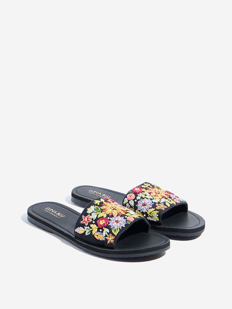LUNA BLU Black Floral Embroidered Slides - Image 2
