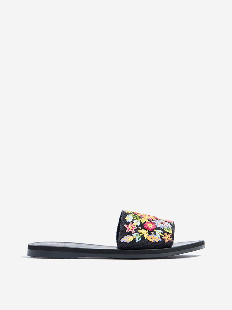LUNA BLU Black Floral Embroidered Slides
