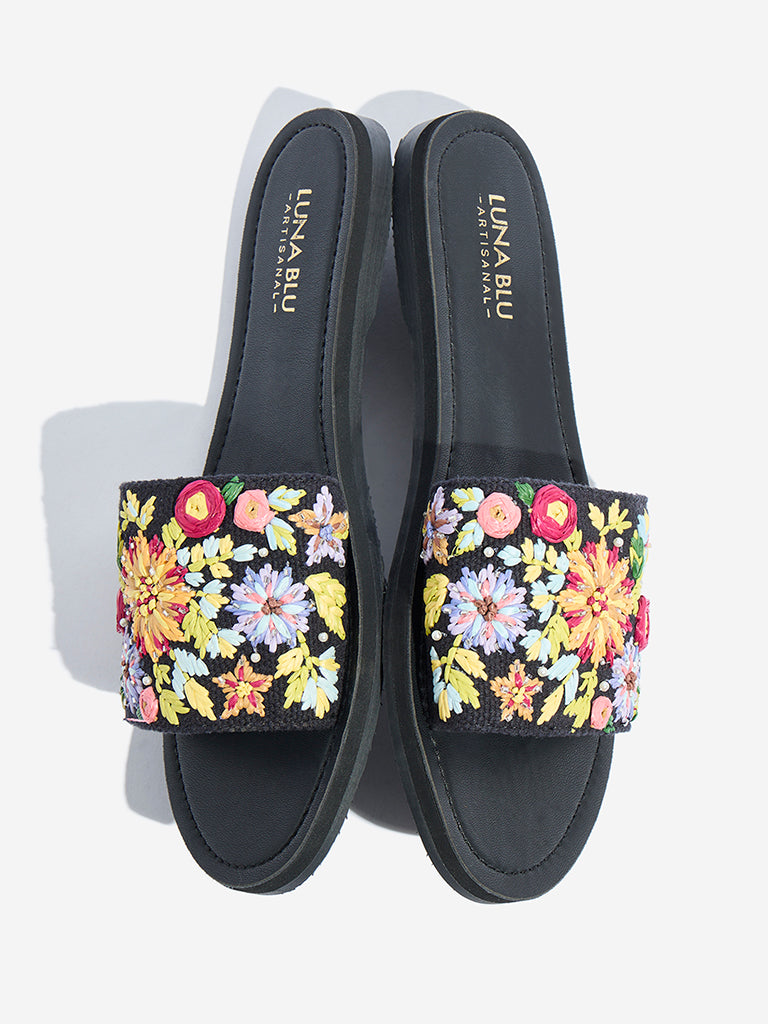 LUNA BLU Black Floral Embroidered Slides - Image 3