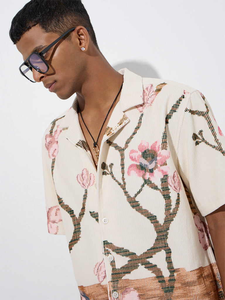 ETA Cream Floral Design Relaxed-Fit Cotton Shirt - Image 3
