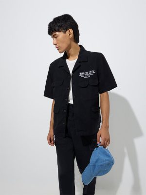 Nuon Black Text Detailed Relaxed-Fit Denim Jacket