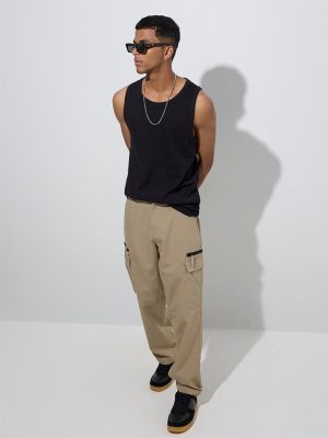 Nuon Beige Cargo-Style Relaxed-Fit Mid-Rise Cotton Pants