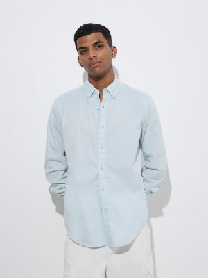 Nuon Light Blue Solid Relaxed-Fit Cotton Shirt