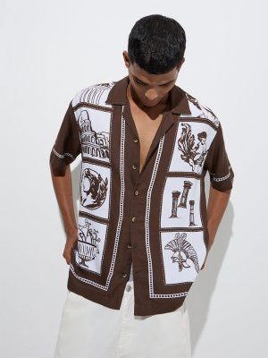 Nuon Dark Brown Printed Relaxed-Fit Shirt