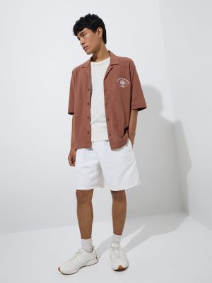 Nuon Brown Embroidered Relaxed-Fit Cotton Shirt