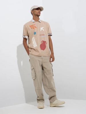 Nuon Beige Printed Relaxed-Fit Cotton T-Shirt