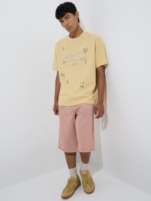 Nuon Yellow Embroidered Relaxed-Fit Cotton T-Shirt