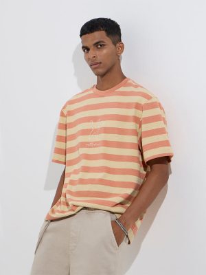 Nuon Orange Stripe Pattern Relaxed-Fit Cotton T-Shirt