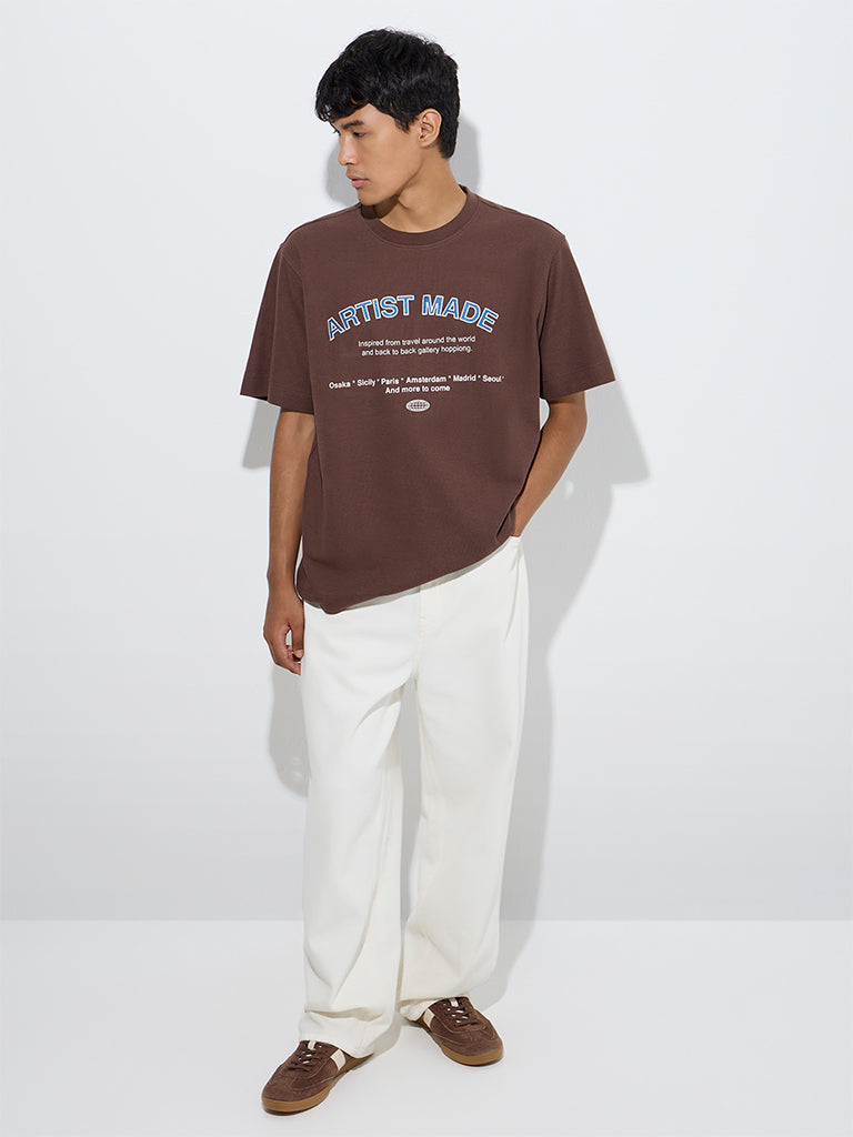 Nuon Brown Text Pattern Relaxed-Fit Cotton T-Shirt