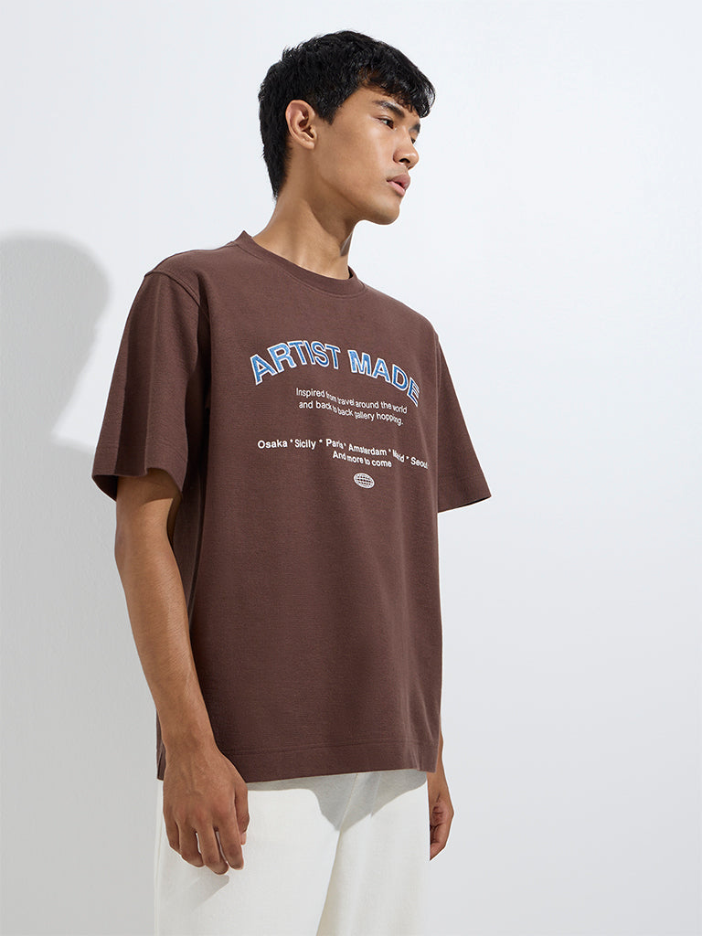Nuon Brown Text Pattern Relaxed-Fit Cotton T-Shirt - Image 2