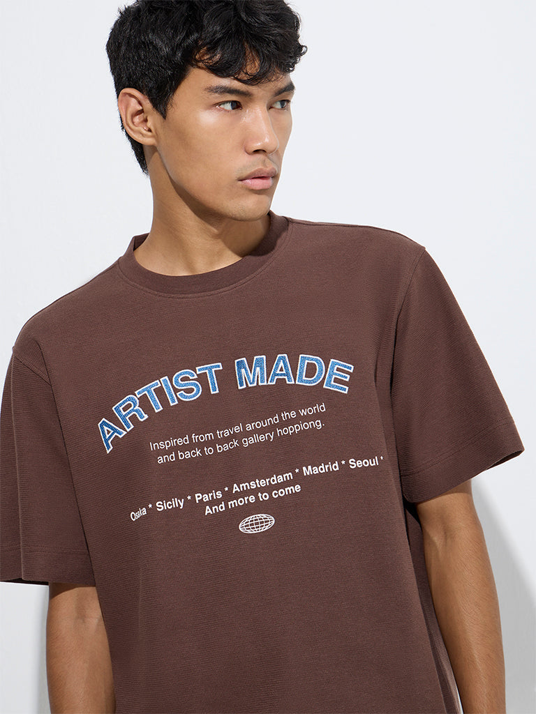 Nuon Brown Text Pattern Relaxed-Fit Cotton T-Shirt - Image 3