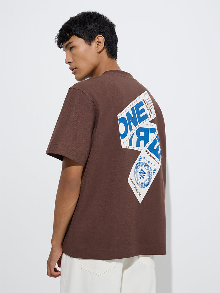 Nuon Brown Text Pattern Relaxed-Fit Cotton T-Shirt - Image 4