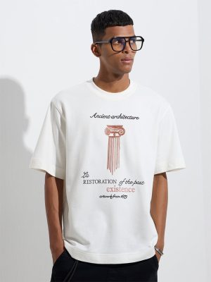 Nuon White Printed Relaxed-Fit Cotton T-Shirt