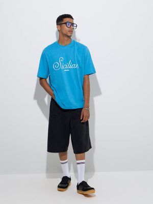 Nuon Blue Text Design Relaxed-Fit Cotton T-Shirt