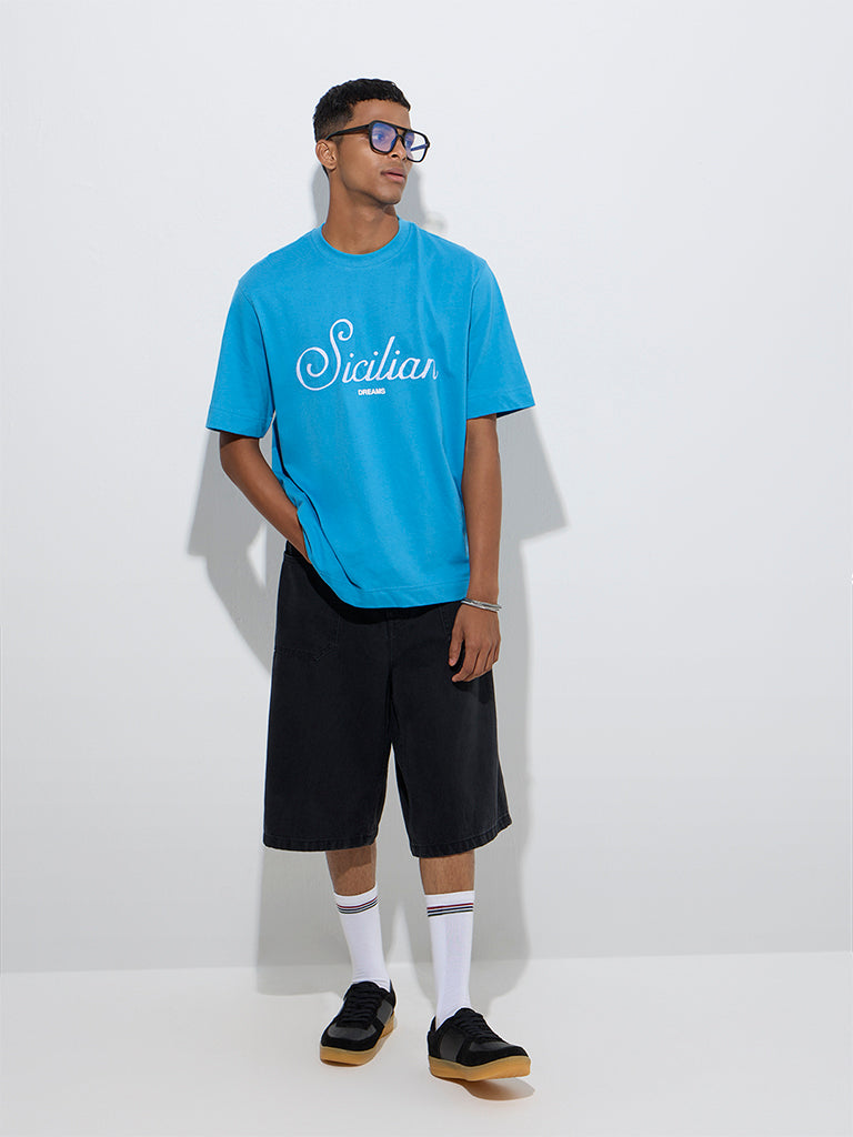 Nuon Blue Text Design Relaxed-Fit Cotton T-Shirt